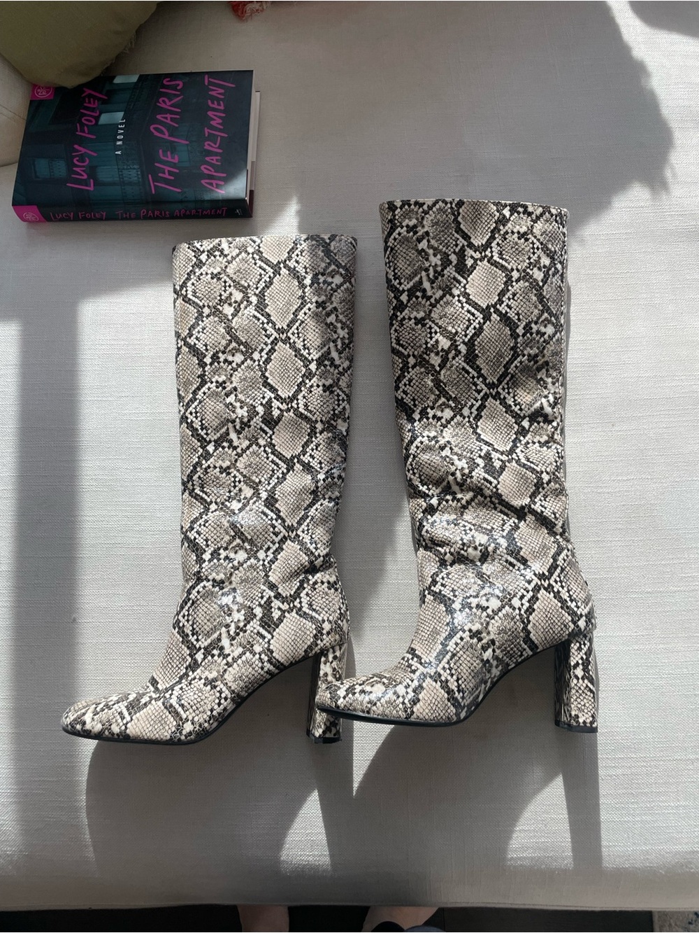 Zara Snake-Print Knee-High Block Heel Boots - Beige/Black